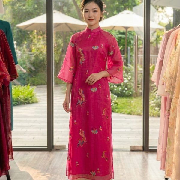 Áo dài Tố Vân màu hồng sen cao cấp